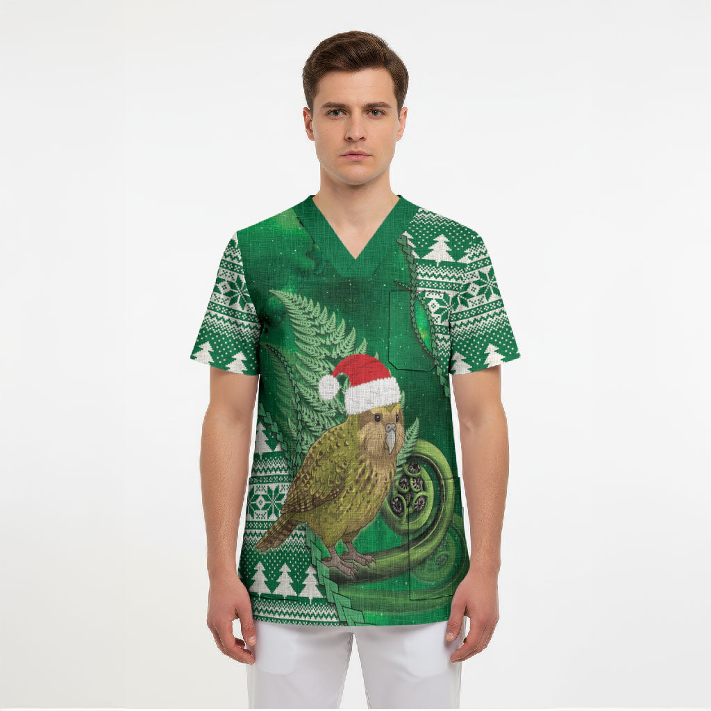 New Zealand Kakapo Christmas In July Scrub Top Silver Fern Santa Xmas Green Color LT22 - Polynesian Pride