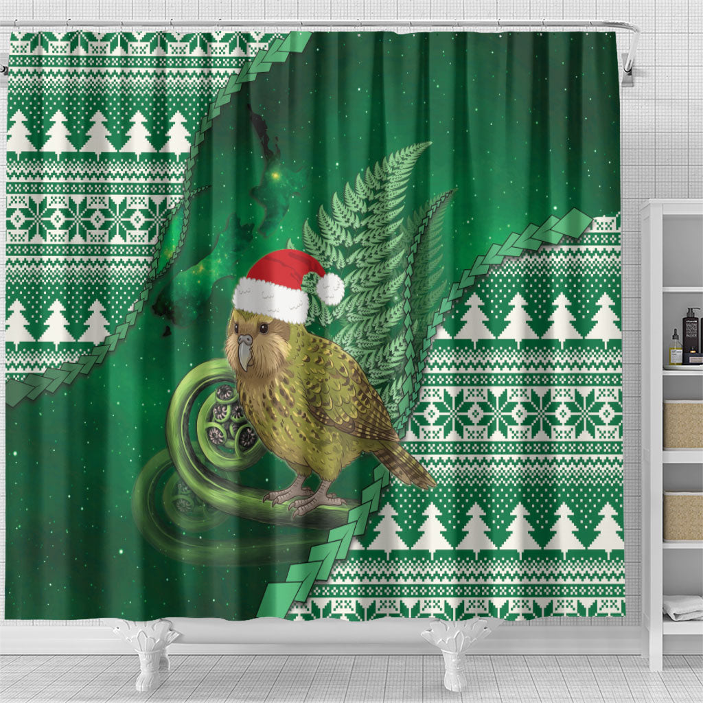 New Zealand Kakapo Christmas In July Shower Curtain Silver Fern Santa Xmas Green Color