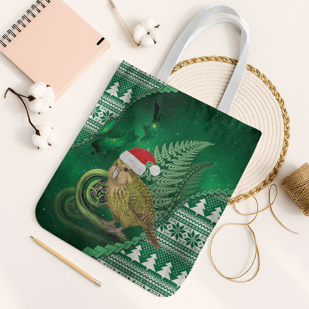 New Zealand Kakapo Christmas In July Tote Bag Silver Fern Santa Xmas Green Color LT22 White Strap One Size Green - Polynesian Pride