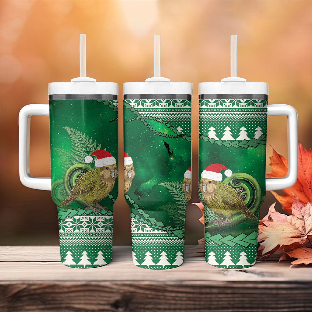 New Zealand Kakapo Christmas In July Tumbler With Handle Silver Fern Santa Xmas Green Color LT22 - Polynesian Pride
