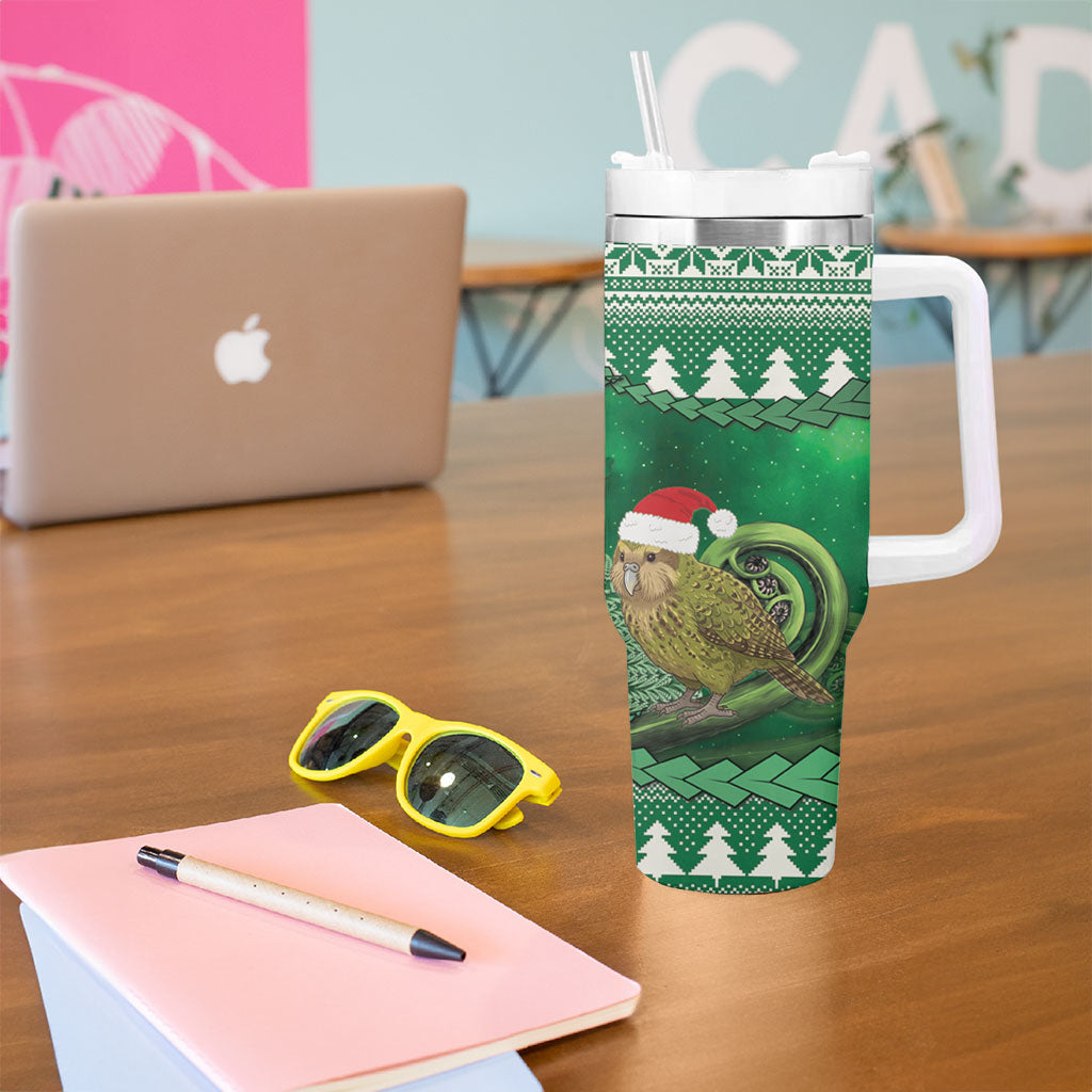 New Zealand Kakapo Christmas In July Tumbler With Handle Silver Fern Santa Xmas Green Color LT22 - Polynesian Pride