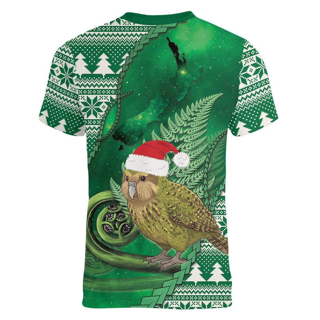 New Zealand Kakapo Christmas In July Women V-Neck T-Shirt Silver Fern Santa Xmas Green Color LT22 - Polynesian Pride