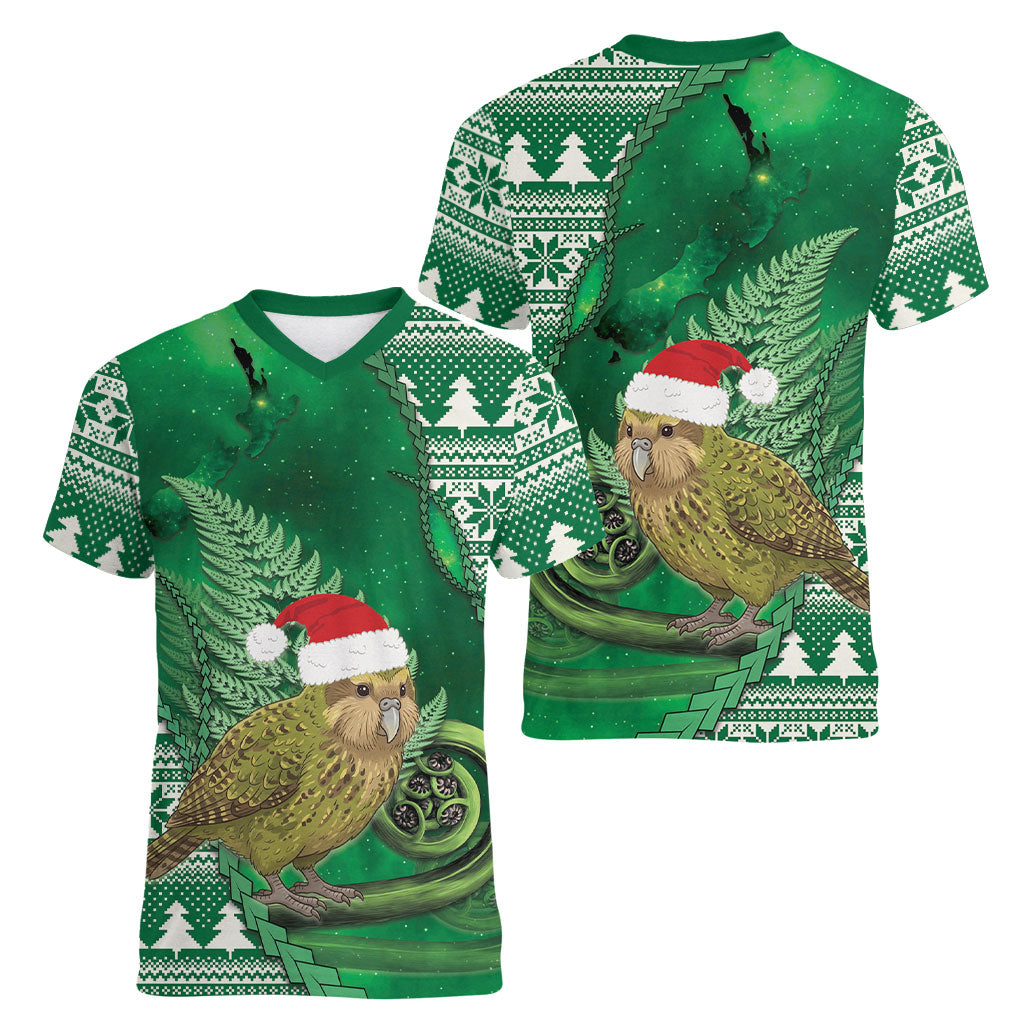 New Zealand Kakapo Christmas In July Women V-Neck T-Shirt Silver Fern Santa Xmas Green Color LT22 - Polynesian Pride