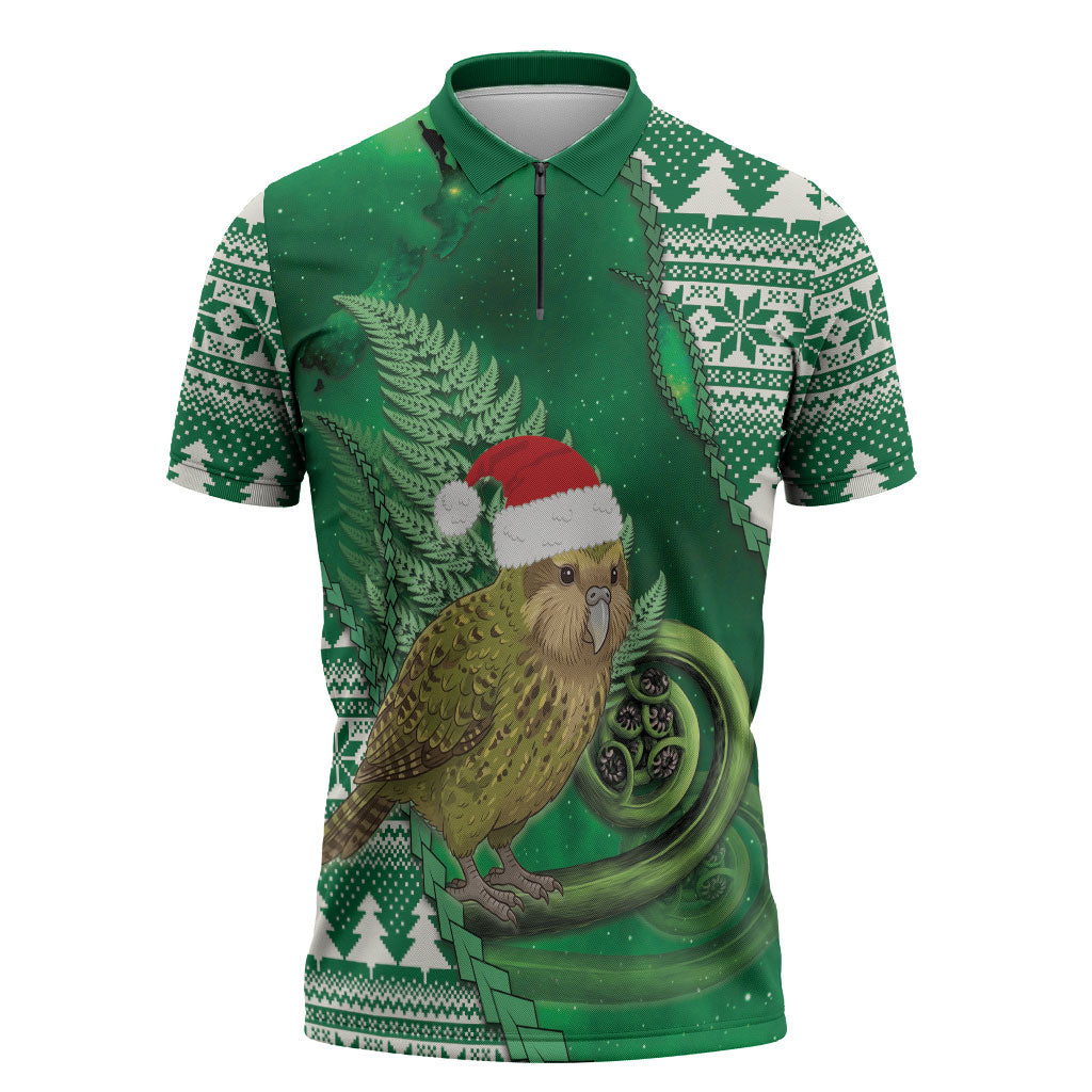 New Zealand Kakapo Christmas In July Zipper Polo Shirt Silver Fern Santa Xmas Green Color