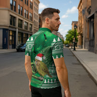 New Zealand Kakapo Christmas In July Zipper Polo Shirt Silver Fern Santa Xmas Green Color