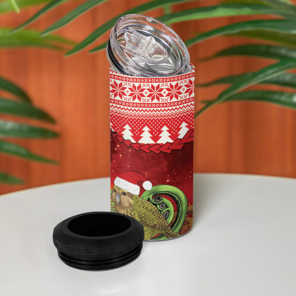 New Zealand Kakapo Christmas In July 4 in 1 Can Cooler Tumbler Silver Fern Santa Xmas Red Color LT22 - Polynesian Pride