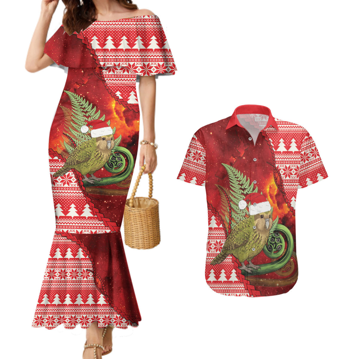 New Zealand Kakapo Christmas In July Couples Matching Mermaid Dress and Hawaiian Shirt Silver Fern Santa Xmas Red Color LT22 Red - Polynesian Pride
