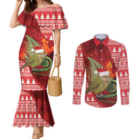 New Zealand Kakapo Christmas In July Couples Matching Mermaid Dress and Long Sleeve Button Shirt Silver Fern Santa Xmas Red Color