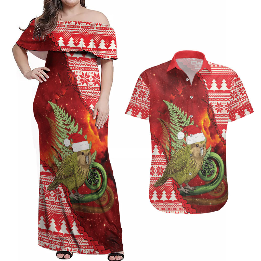 New Zealand Kakapo Christmas In July Couples Matching Off Shoulder Maxi Dress and Hawaiian Shirt Silver Fern Santa Xmas Red Color LT22 Red - Polynesian Pride
