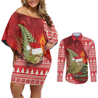 New Zealand Kakapo Christmas In July Couples Matching Off Shoulder Short Dress and Long Sleeve Button Shirt Silver Fern Santa Xmas Red Color LT22 Red - Polynesian Pride