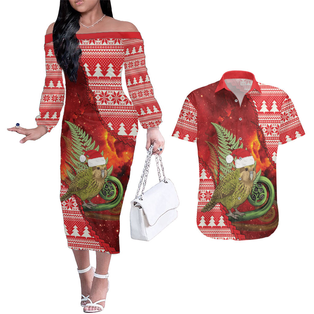 New Zealand Kakapo Christmas In July Couples Matching Off The Shoulder Long Sleeve Dress and Hawaiian Shirt Silver Fern Santa Xmas Red Color LT22 Red - Polynesian Pride