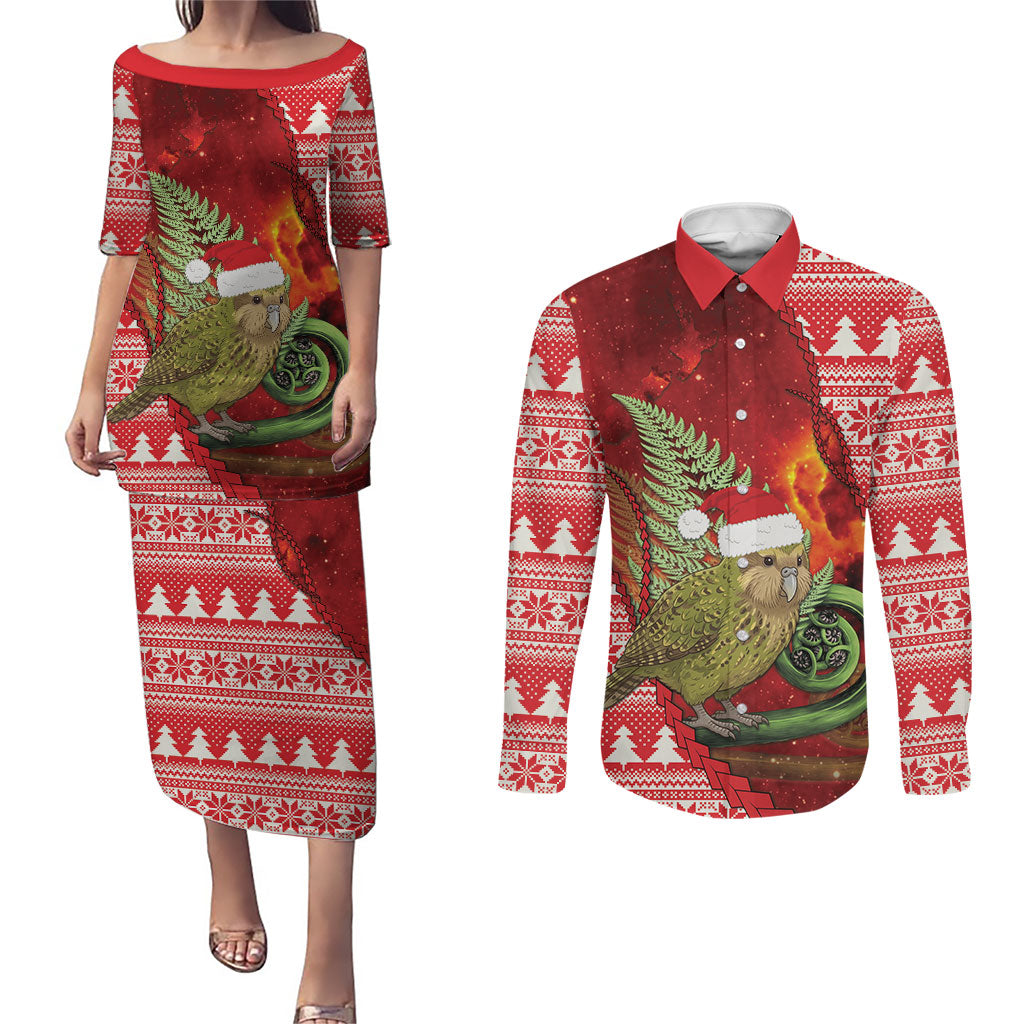 New Zealand Kakapo Christmas In July Couples Matching Puletasi and Long Sleeve Button Shirt Silver Fern Santa Xmas Red Color LT22 Red - Polynesian Pride