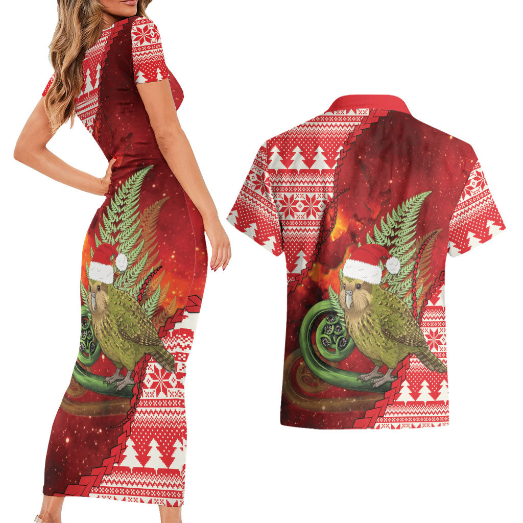 New Zealand Kakapo Christmas In July Couples Matching Short Sleeve Bodycon Dress and Hawaiian Shirt Silver Fern Santa Xmas Red Color LT22 - Polynesian Pride