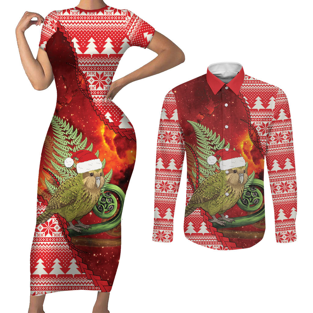 New Zealand Kakapo Christmas In July Couples Matching Short Sleeve Bodycon Dress and Long Sleeve Button Shirt Silver Fern Santa Xmas Red Color LT22 Red - Polynesian Pride