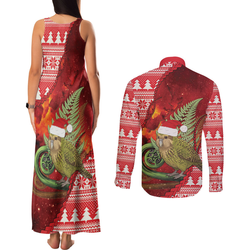 New Zealand Kakapo Christmas In July Couples Matching Tank Maxi Dress and Long Sleeve Button Shirt Silver Fern Santa Xmas Red Color LT22 - Polynesian Pride