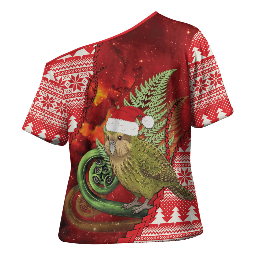 New Zealand Kakapo Christmas In July Cross Shoulder Shirt Silver Fern Santa Xmas Red Color LT22 - Polynesian Pride