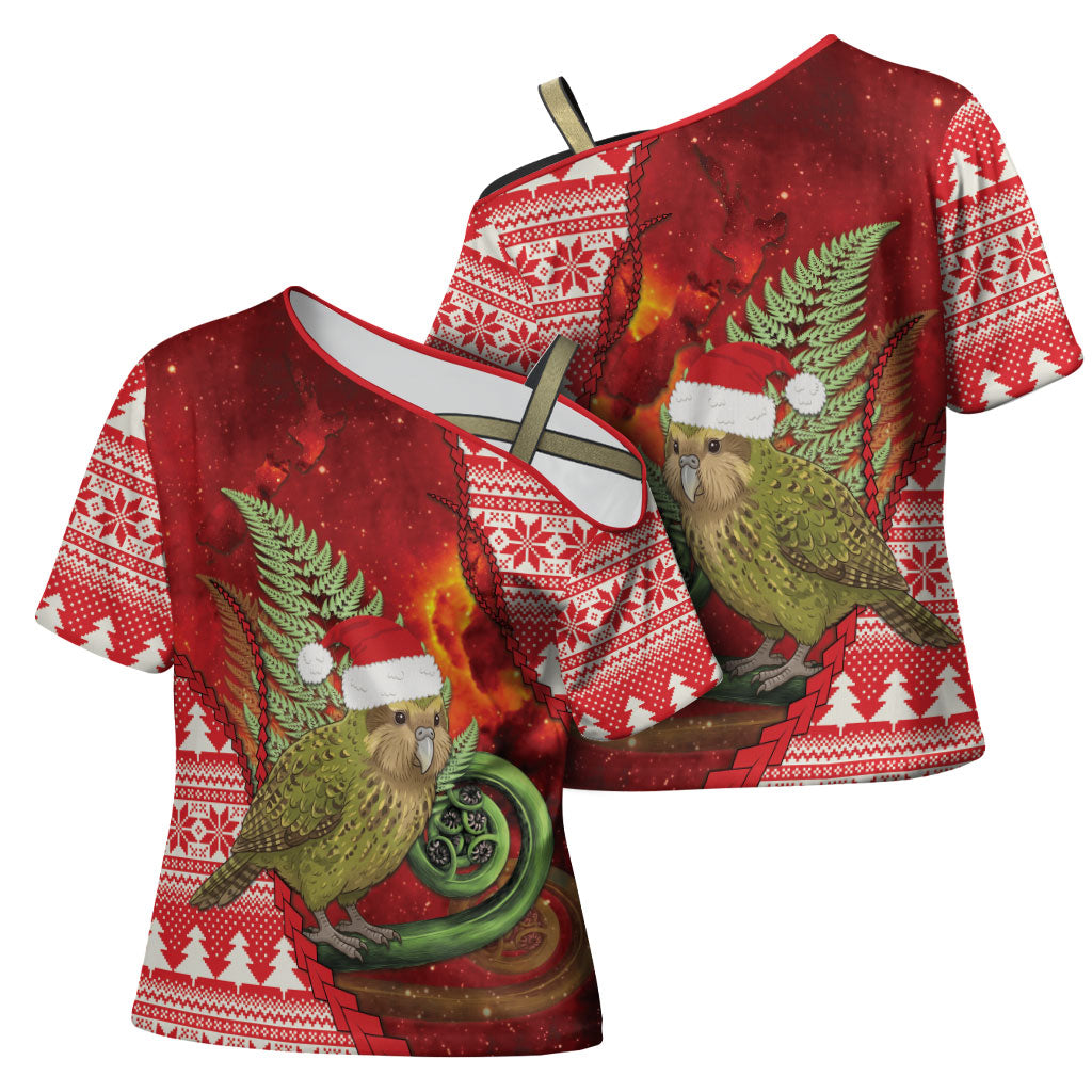 New Zealand Kakapo Christmas In July Cross Shoulder Shirt Silver Fern Santa Xmas Red Color LT22 - Polynesian Pride