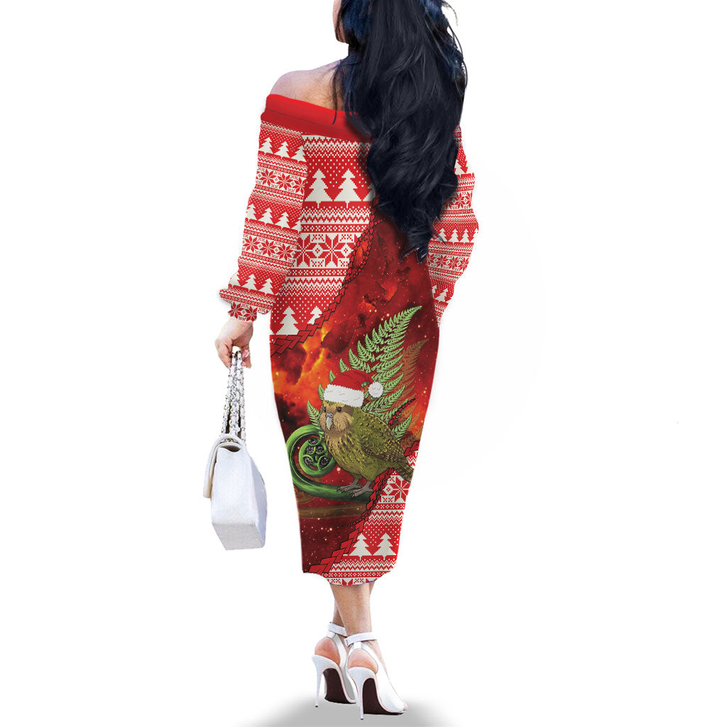 New Zealand Kakapo Christmas In July Family Matching Off The Shoulder Long Sleeve Dress and Hawaiian Shirt Silver Fern Santa Xmas Red Color LT22 - Polynesian Pride