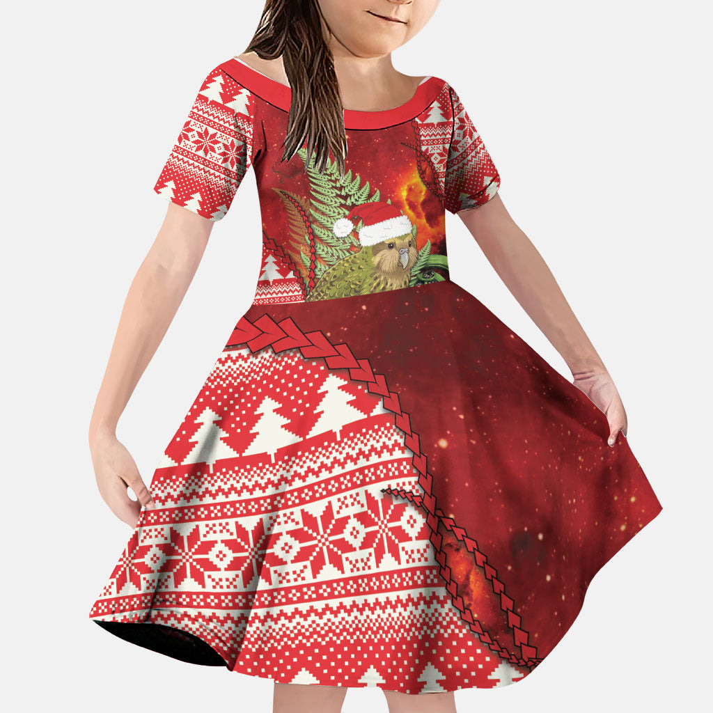 New Zealand Kakapo Christmas In July Family Matching Off Shoulder Short Dress and Hawaiian Shirt Silver Fern Santa Xmas Red Color LT22 Daughter's Dress Red - Polynesian Pride