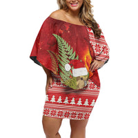 New Zealand Kakapo Christmas In July Family Matching Off Shoulder Short Dress and Hawaiian Shirt Silver Fern Santa Xmas Red Color LT22 Mom's Dress Red - Polynesian Pride