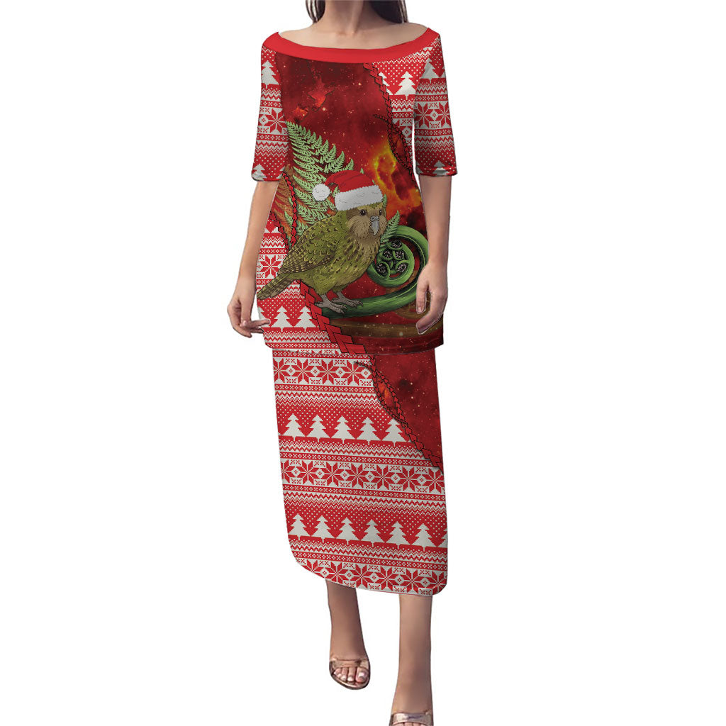 New Zealand Kakapo Christmas In July Family Matching Puletasi and Hawaiian Shirt Silver Fern Santa Xmas Red Color LT22 Mom's Dress Red - Polynesian Pride