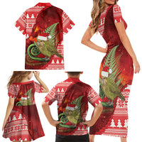 New Zealand Kakapo Christmas In July Family Matching Short Sleeve Bodycon Dress and Hawaiian Shirt Silver Fern Santa Xmas Red Color LT22 - Polynesian Pride