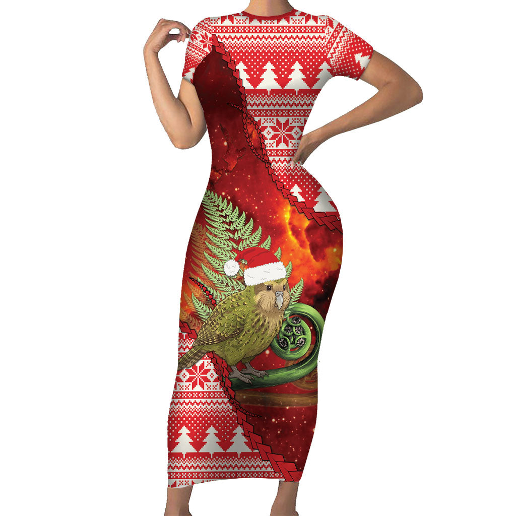 New Zealand Kakapo Christmas In July Family Matching Short Sleeve Bodycon Dress and Hawaiian Shirt Silver Fern Santa Xmas Red Color LT22 Mom's Dress Red - Polynesian Pride
