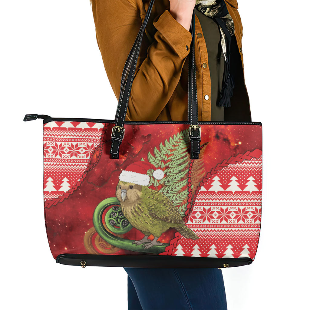 New Zealand Kakapo Christmas In July Leather Tote Bag Silver Fern Santa Xmas Red Color