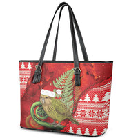 New Zealand Kakapo Christmas In July Leather Tote Bag Silver Fern Santa Xmas Red Color