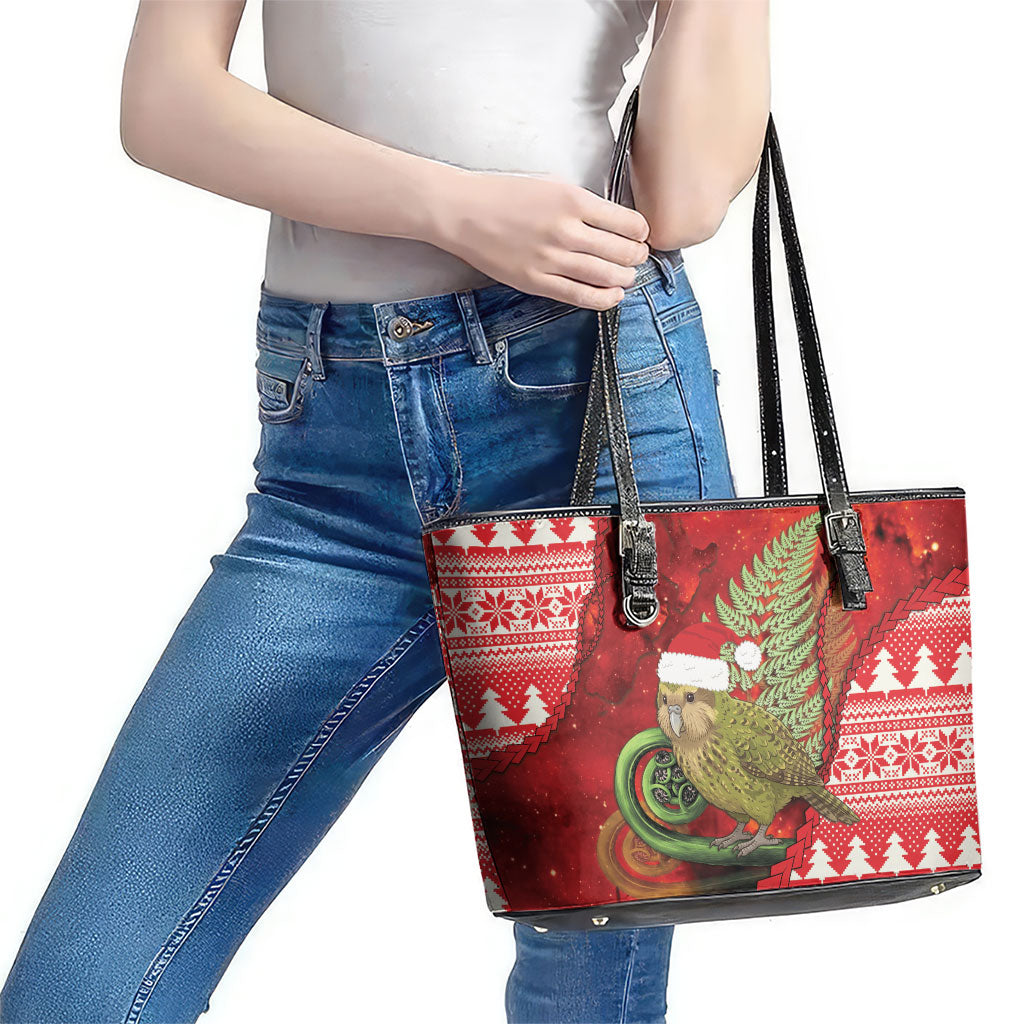 New Zealand Kakapo Christmas In July Leather Tote Bag Silver Fern Santa Xmas Red Color