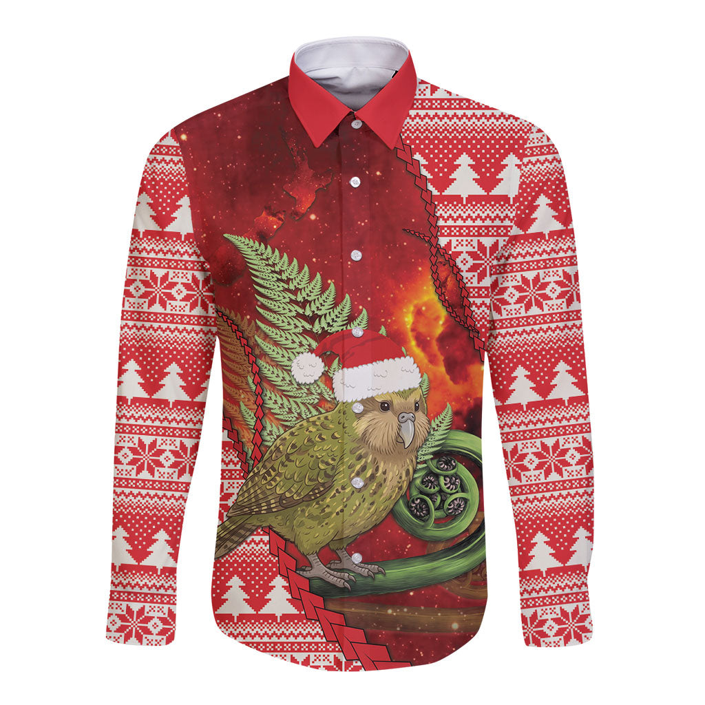 New Zealand Kakapo Christmas In July Long Sleeve Button Shirt Silver Fern Santa Xmas Red Color LT22 Unisex Red - Polynesian Pride