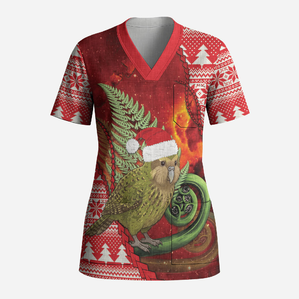 New Zealand Kakapo Christmas In July Scrub Top Silver Fern Santa Xmas Red Color LT22 Adult Red - Polynesian Pride