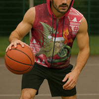 New Zealand Kakapo Christmas In July Sleeveless Zip Hoodie Silver Fern Santa Xmas Red Color LT22 - Polynesian Pride