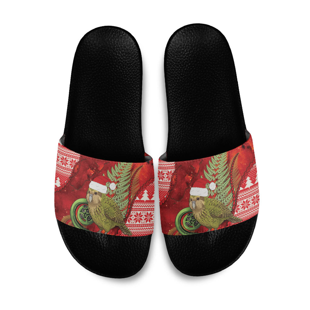 New Zealand Kakapo Christmas In July Slide Sandals Silver Fern Santa Xmas Red Color