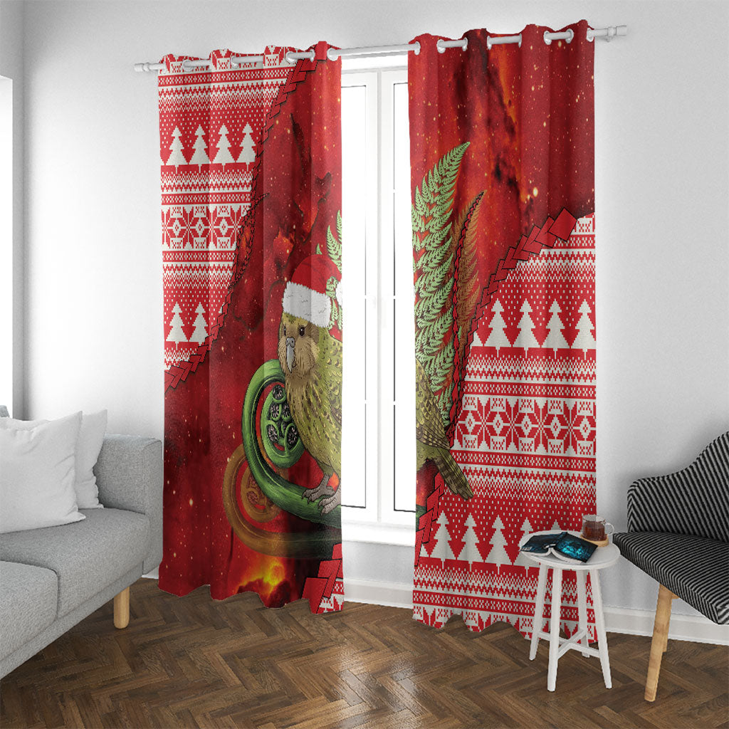 New Zealand Kakapo Christmas In July Window Curtain Silver Fern Santa Xmas Red Color LT22 With Grommets Red - Polynesian Pride