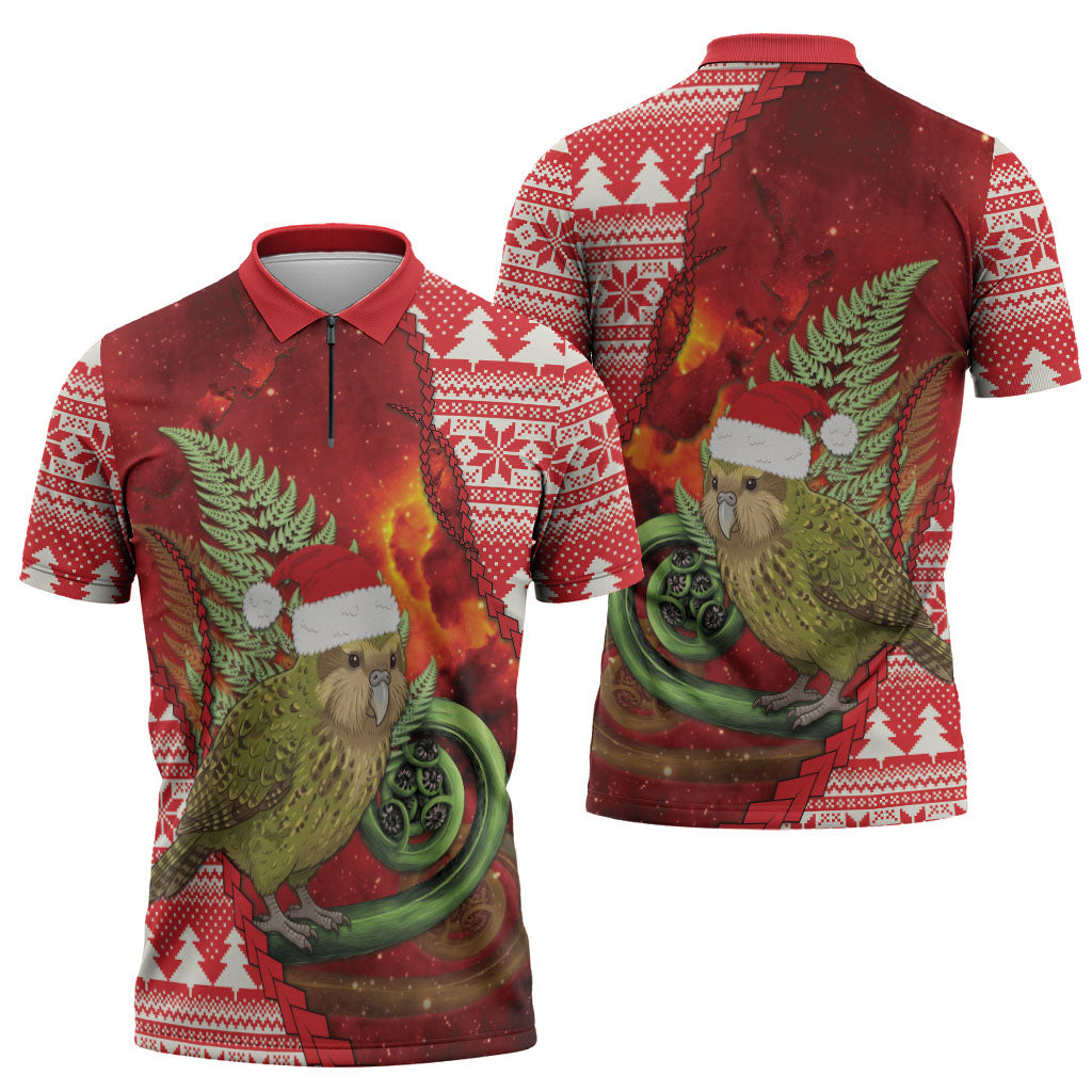 New Zealand Kakapo Christmas In July Zipper Polo Shirt Silver Fern Santa Xmas Red Color LT22 - Polynesian Pride