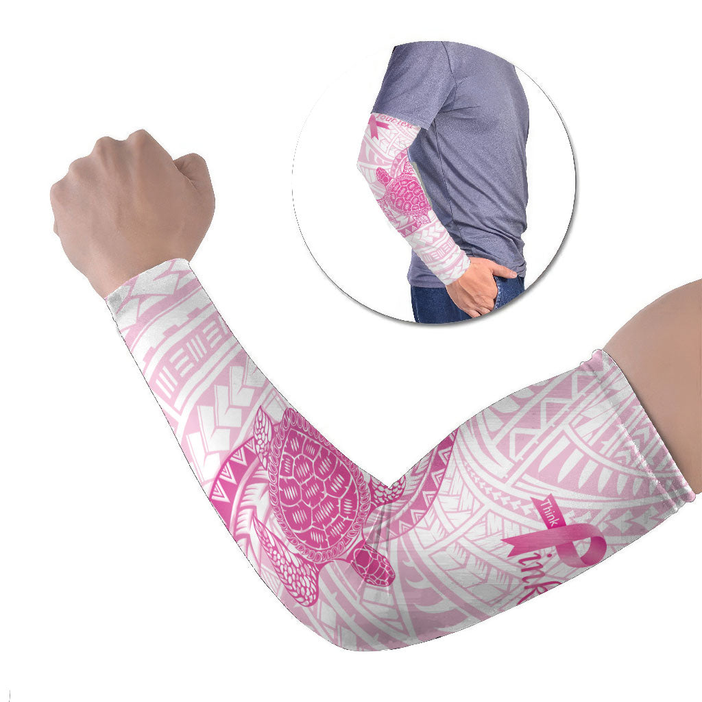 Breast Cancer Awareness Personalised Arm Sleeves Pink Ribbon Turtle Polynesian Pattern White