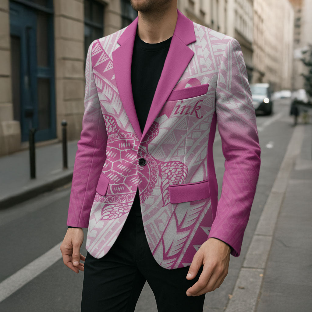 Breast Cancer Awareness Personalised Blazer Pink Ribbon Turtle Polynesian Pattern White