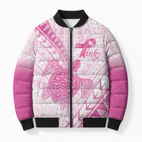 Breast Cancer Awareness Personalised Bomber Puffer Jacket Pink Ribbon Turtle Polynesian Pattern White