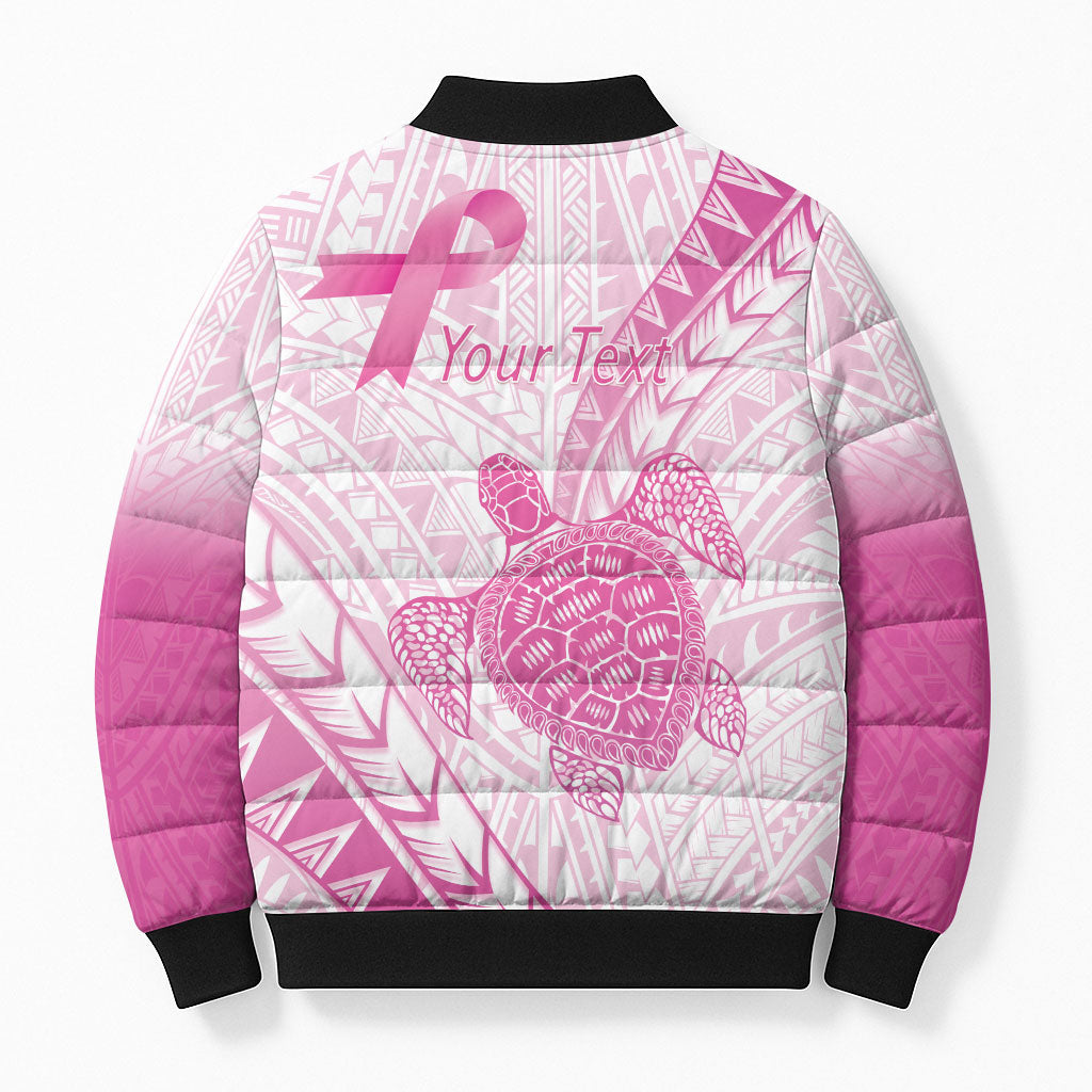 Breast Cancer Awareness Personalised Bomber Puffer Jacket Pink Ribbon Turtle Polynesian Pattern White