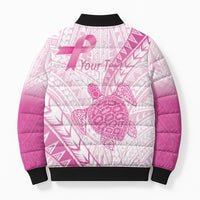 Breast Cancer Awareness Personalised Bomber Puffer Jacket Pink Ribbon Turtle Polynesian Pattern White