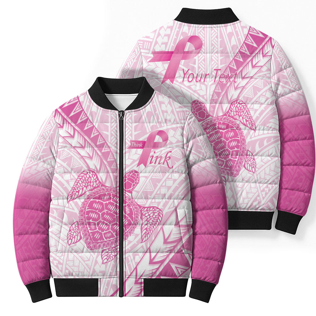 Breast Cancer Awareness Personalised Bomber Puffer Jacket Pink Ribbon Turtle Polynesian Pattern White