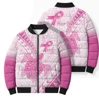 Breast Cancer Awareness Personalised Bomber Puffer Jacket Pink Ribbon Turtle Polynesian Pattern White