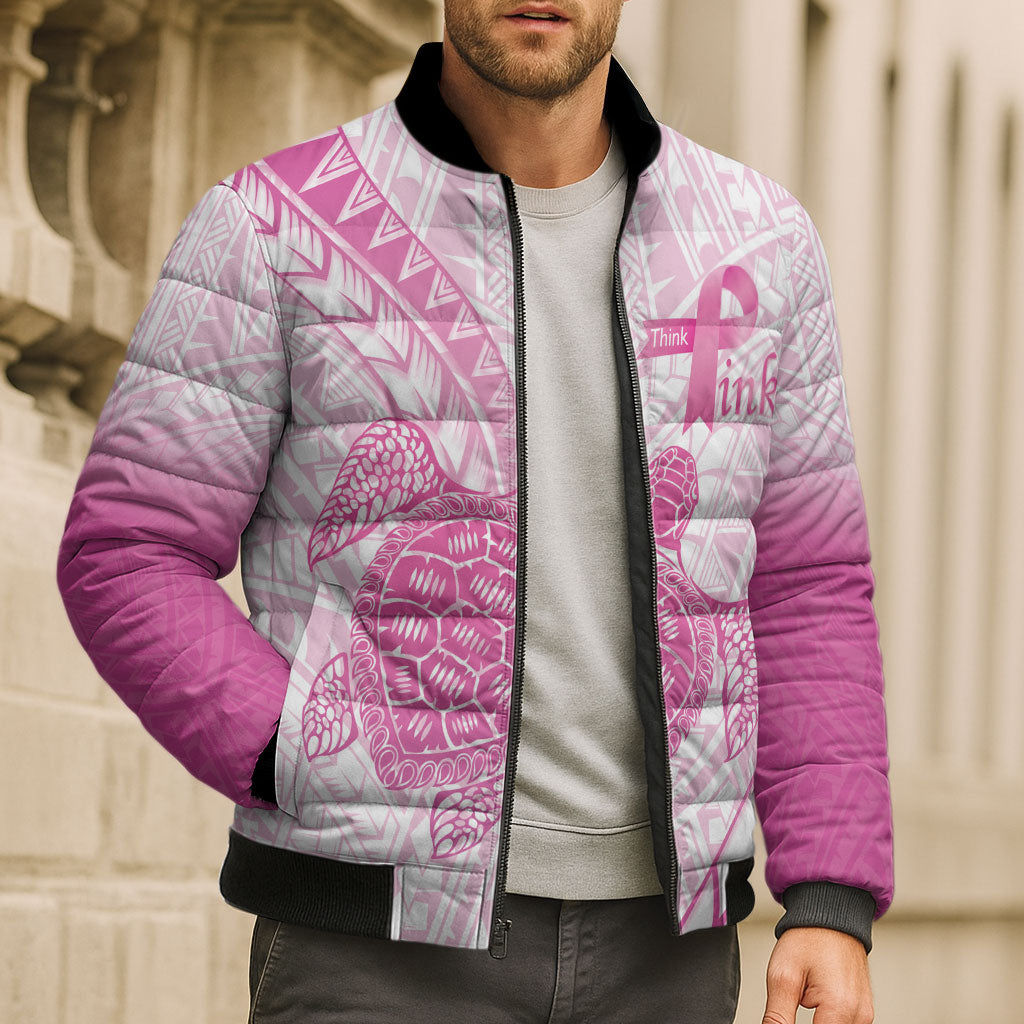 Breast Cancer Awareness Personalised Bomber Puffer Jacket Pink Ribbon Turtle Polynesian Pattern White
