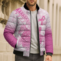 Breast Cancer Awareness Personalised Bomber Puffer Jacket Pink Ribbon Turtle Polynesian Pattern White