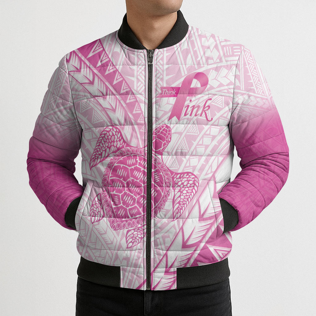Breast Cancer Awareness Personalised Bomber Puffer Jacket Pink Ribbon Turtle Polynesian Pattern White
