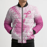 Breast Cancer Awareness Personalised Bomber Puffer Jacket Pink Ribbon Turtle Polynesian Pattern White