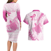 Breast Cancer Awareness Personalised Couples Matching Long Sleeve Bodycon Dress and Hawaiian Shirt Pink Ribbon Turtle Polynesian Pattern White LT22 - Polynesian Pride