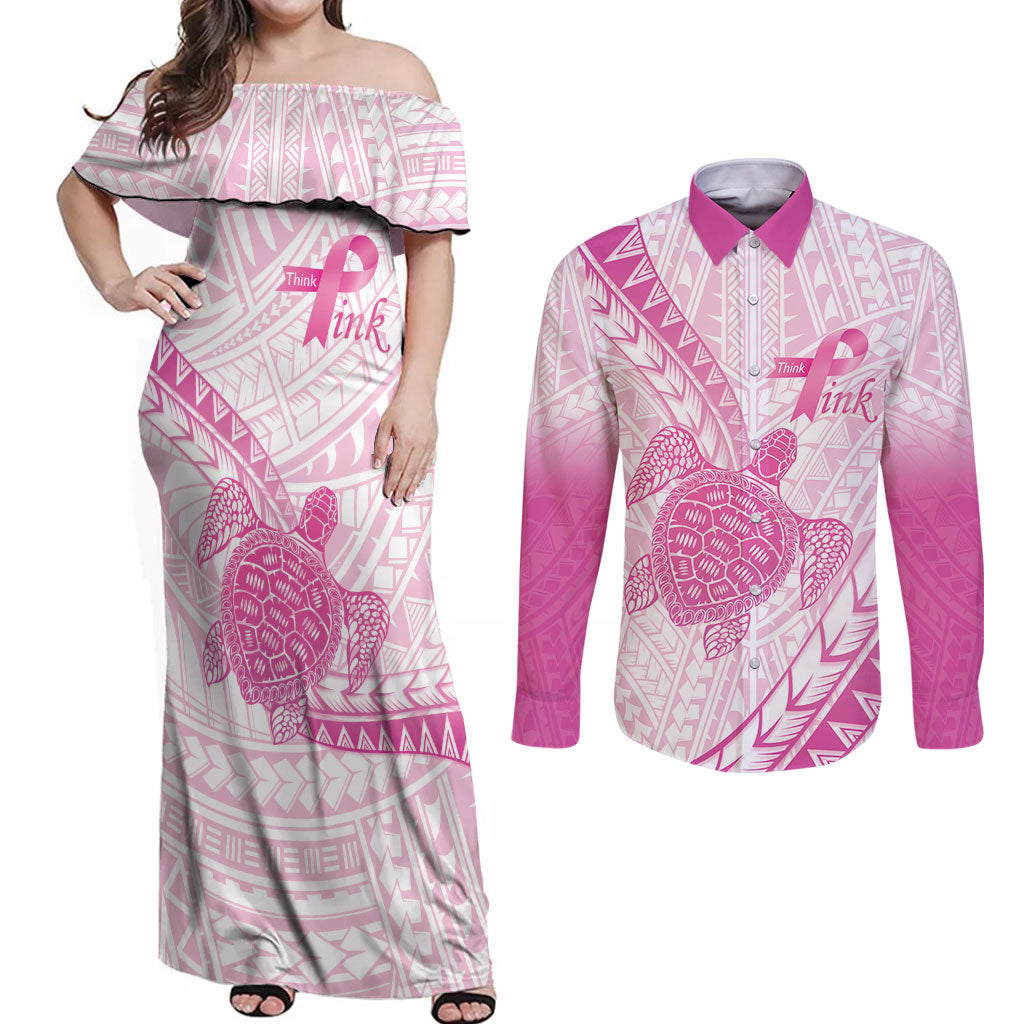 Breast Cancer Awareness Personalised Couples Matching Off Shoulder Maxi Dress and Long Sleeve Button Shirt Pink Ribbon Turtle Polynesian Pattern White