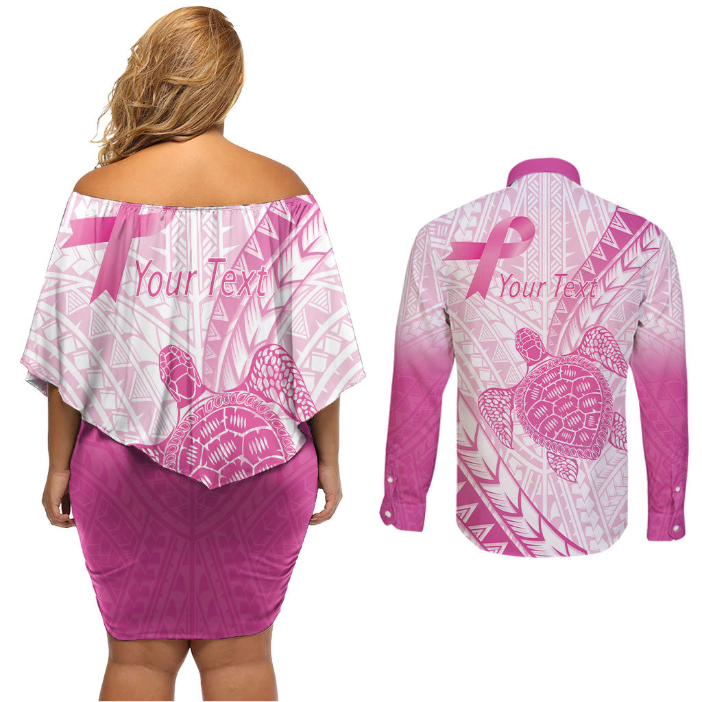 Breast Cancer Awareness Personalised Couples Matching Off Shoulder Short Dress and Long Sleeve Button Shirt Pink Ribbon Turtle Polynesian Pattern White